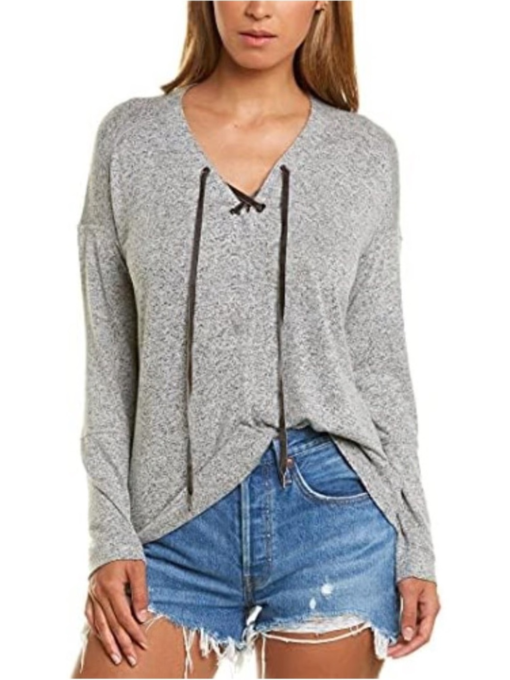 Rails Women's Leigh Melange Gray Lightweight Lace-Up Tie Pullover Sweater - M